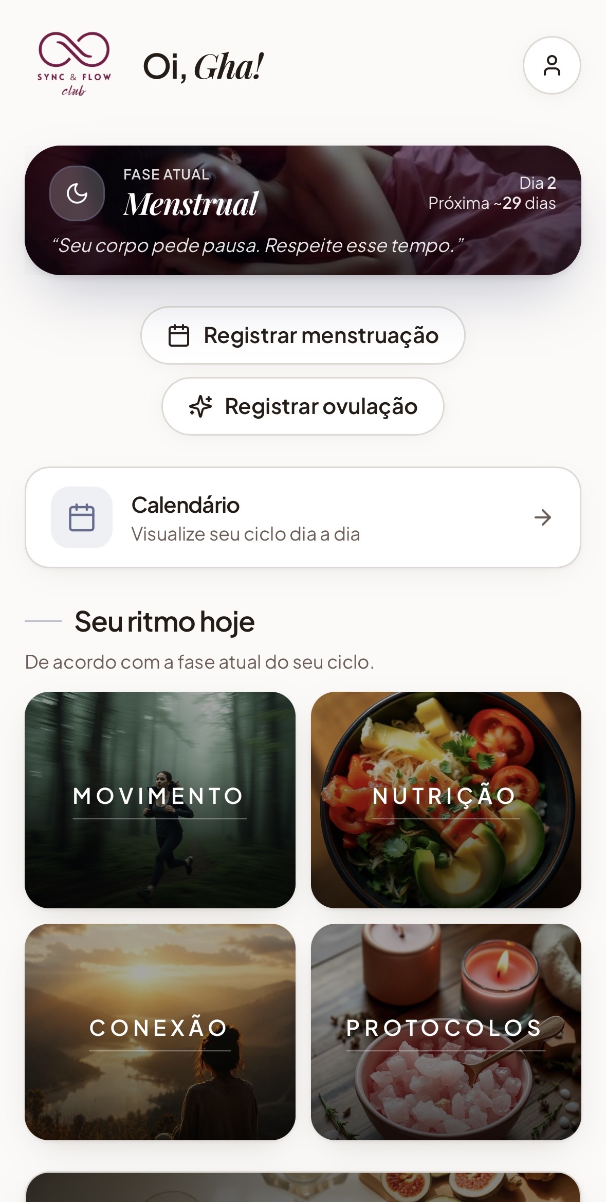 Tela inicial do Sync & Flow Club, mostrando a fase atual do ciclo e os blocos de movimento, nutrição, conexão e protocolos