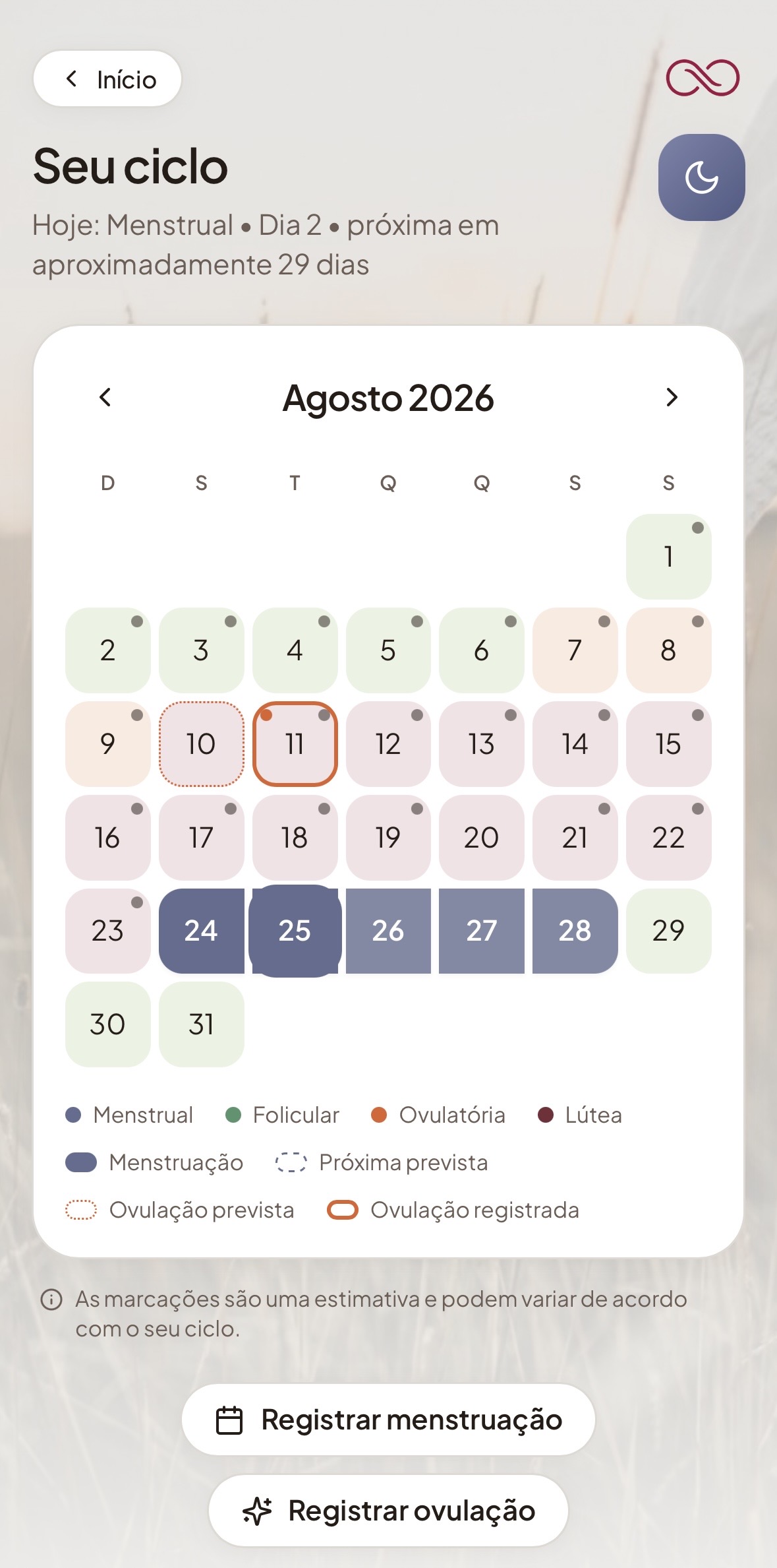 Calendário do Sync & Flow Club, com cada dia do mês colorido de acordo com a fase do ciclo
